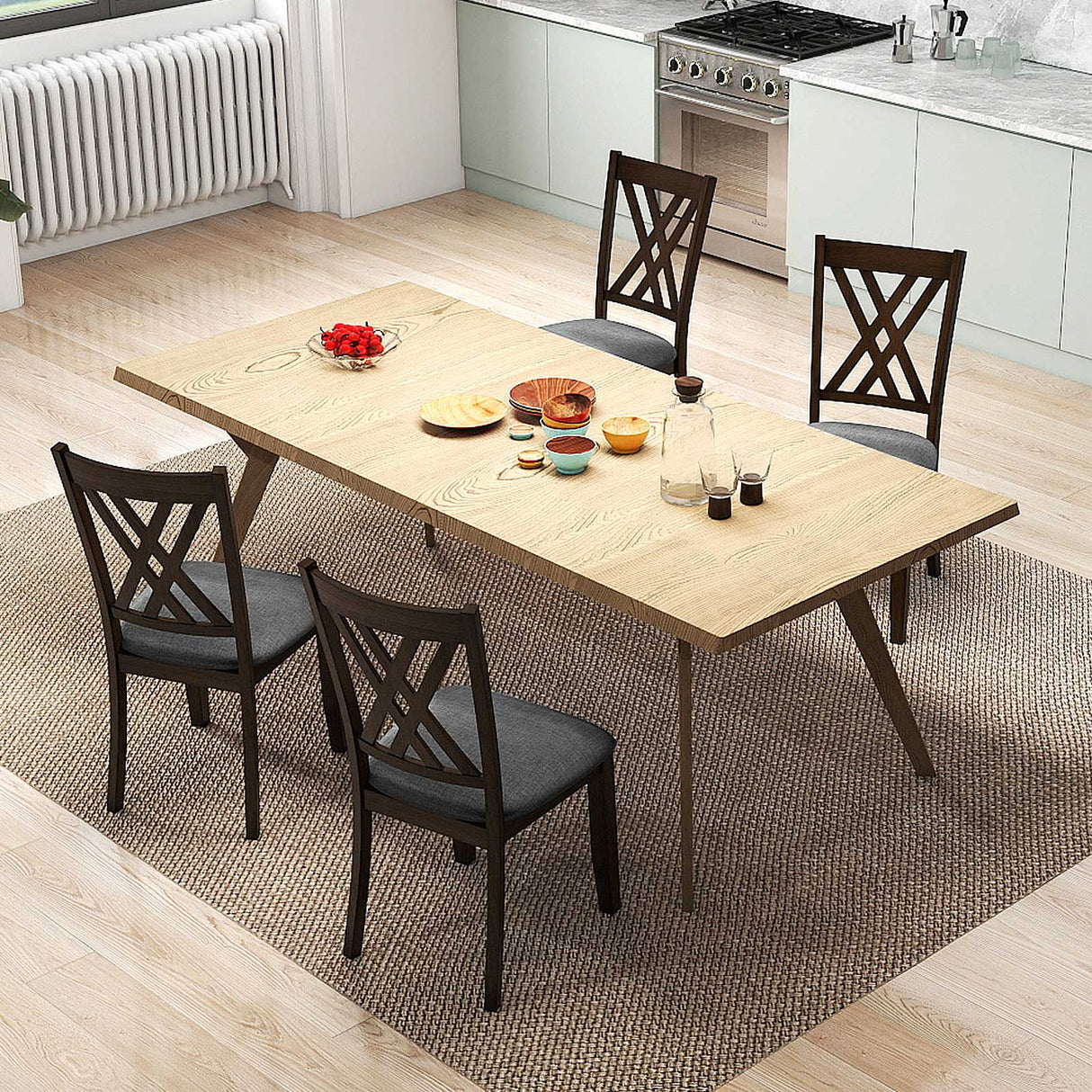 Juego de 2 sillas de comedor de madera tapizadas en tela de lino con estructura de madera de caucho para comedor