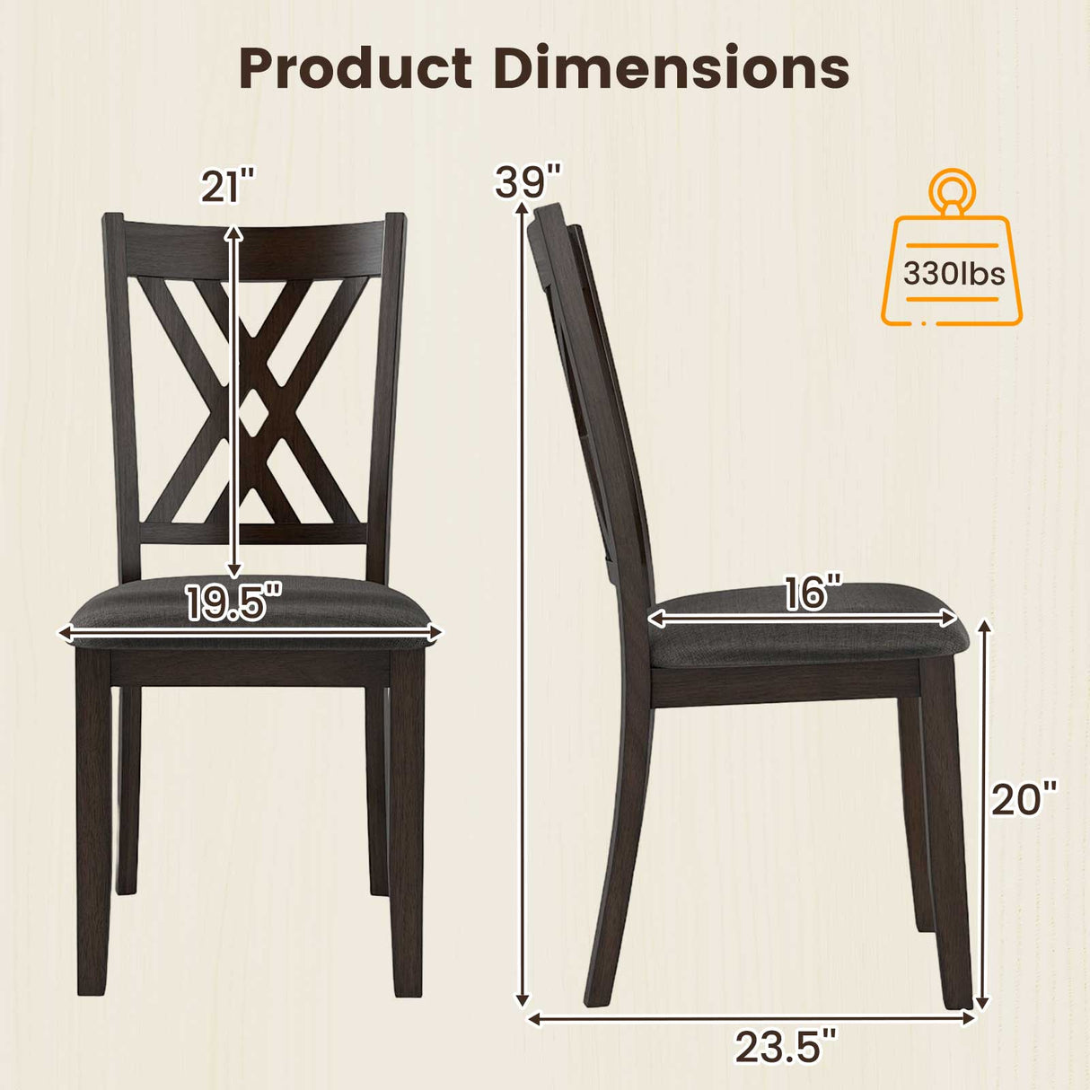 Juego de 2 sillas de comedor de madera tapizadas en tela de lino con estructura de madera de caucho para comedor