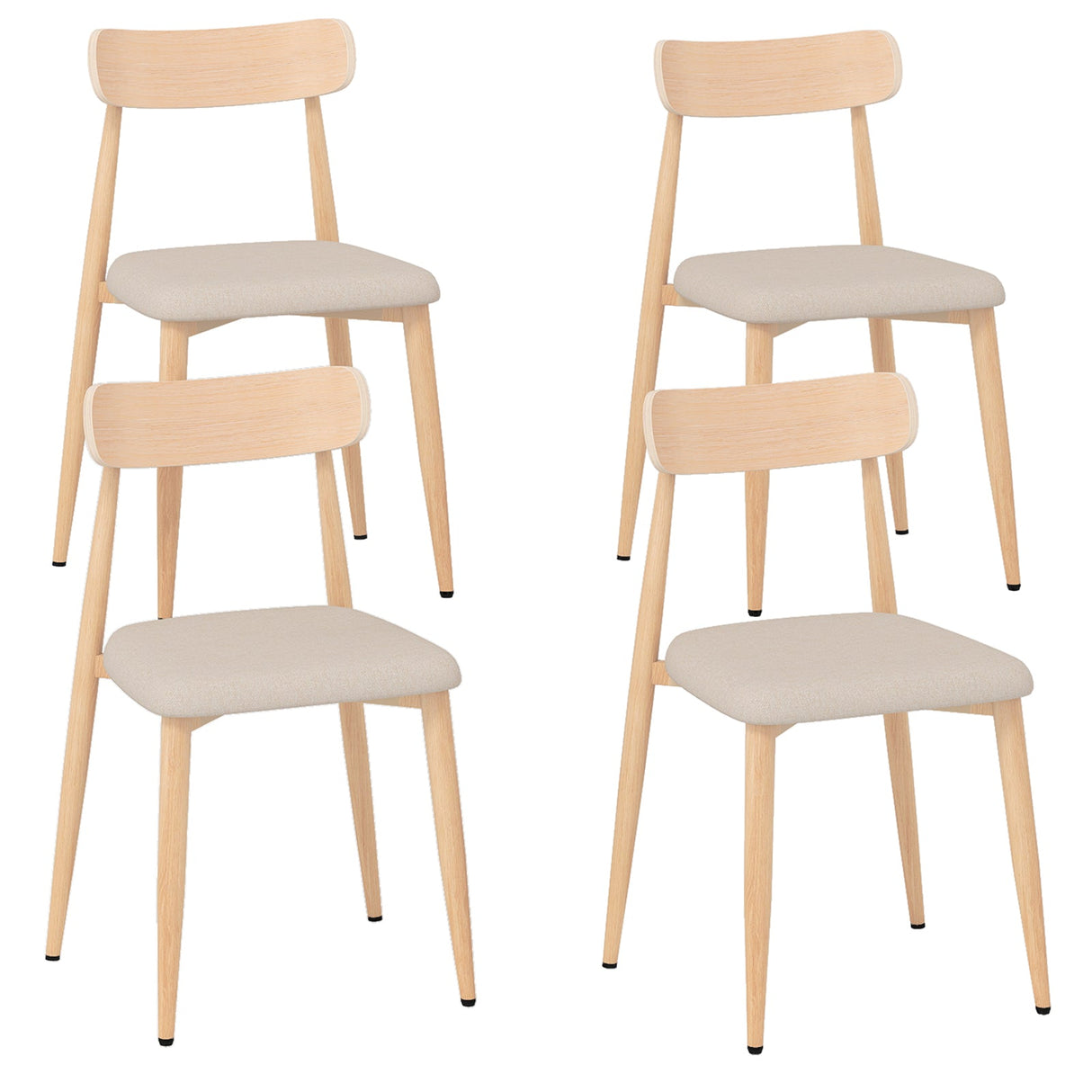 Juego de 4 sillas de comedor modernas tapizadas en tela de lino con asiento acolchado y respaldo curvo - Roble