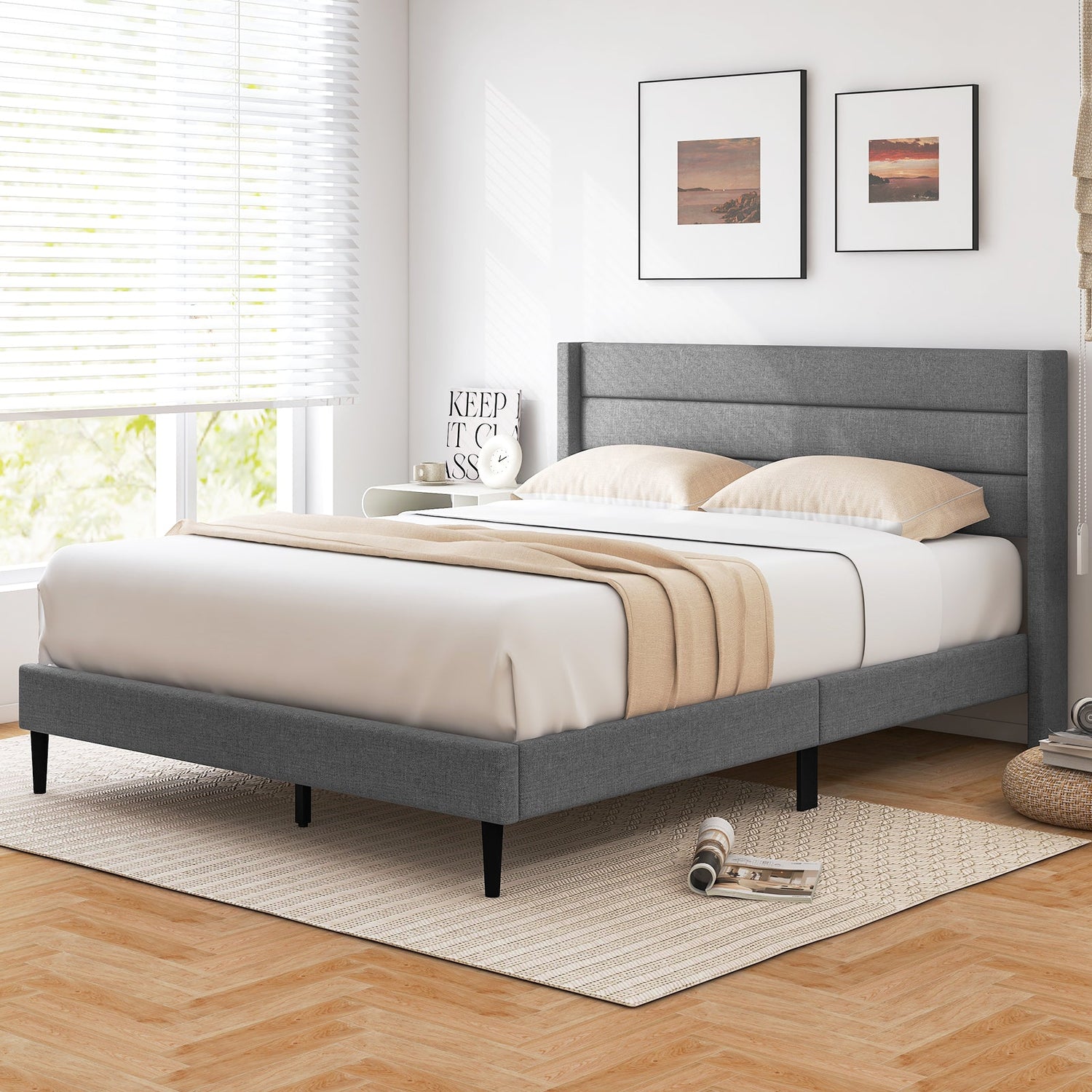 Base de cama de plataforma tapizada en lino individual/queen con cabecero alado