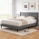 Base de cama de plataforma tapizada en lino individual/queen con cabecero alado