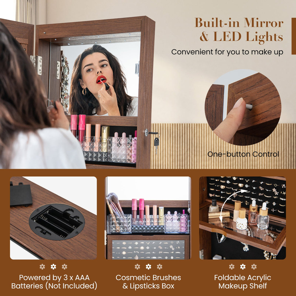 Joyero giratorio con espejo de cuerpo entero y luces LED con cerradura de 360°