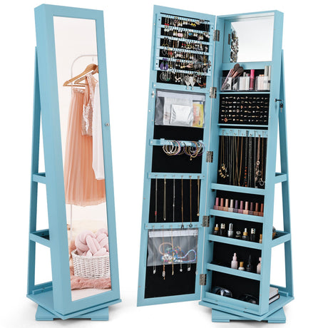 Gabinete de joyas con espejo de cuerpo entero, 2 en 1, giratorio 360° y con cerradura