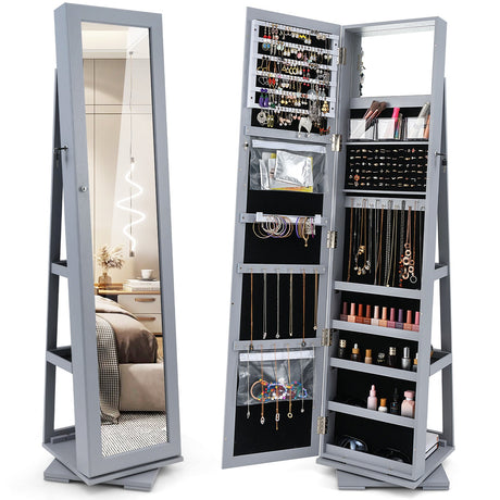 Gabinete de joyas con espejo de cuerpo entero, 2 en 1, giratorio 360° y con cerradura