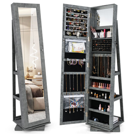 Gabinete de joyas con espejo de cuerpo entero, 2 en 1, giratorio 360° y con cerradura
