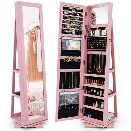 Gabinete de joyas con espejo de cuerpo entero, 2 en 1, giratorio 360° y con cerradura