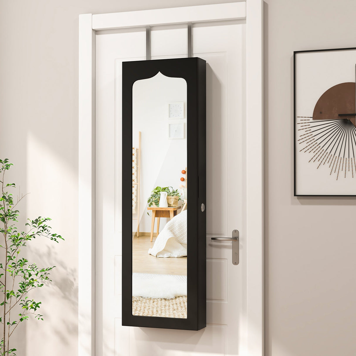 Joyero con espejo para montar en la pared con cerradura, 5 luces LED y 6 cajones - Negro