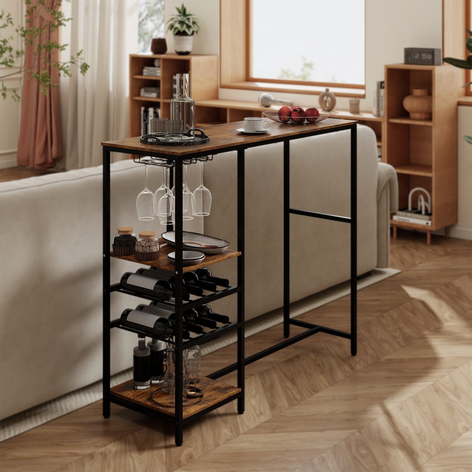 Mesa Larga de Bar, Mesa de Comedor Alta con Estantes de Almacenamiento - Marrón Rústico