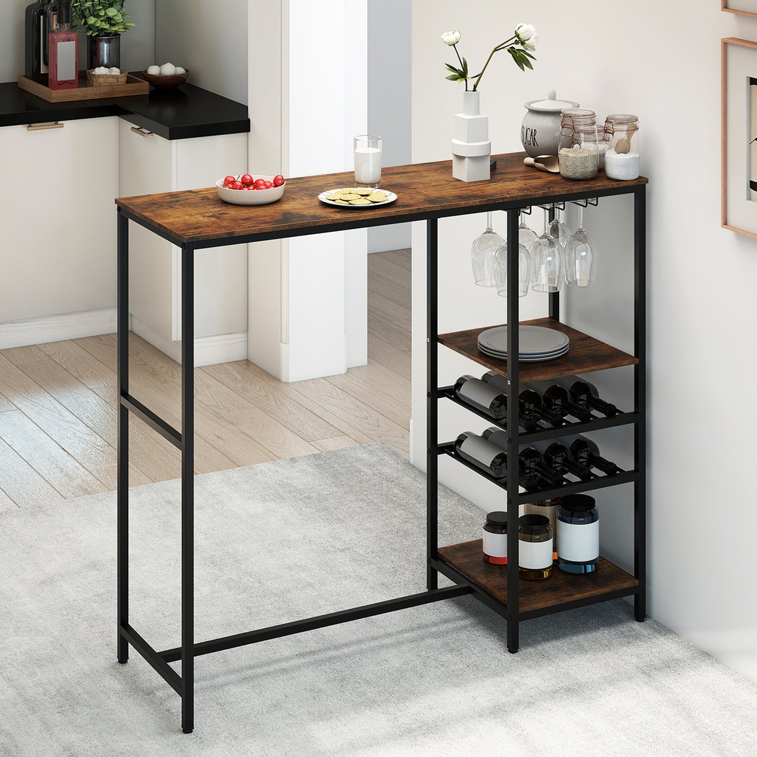 Mesa Larga de Bar, Mesa de Comedor Alta con Estantes de Almacenamiento - Marrón Rústico