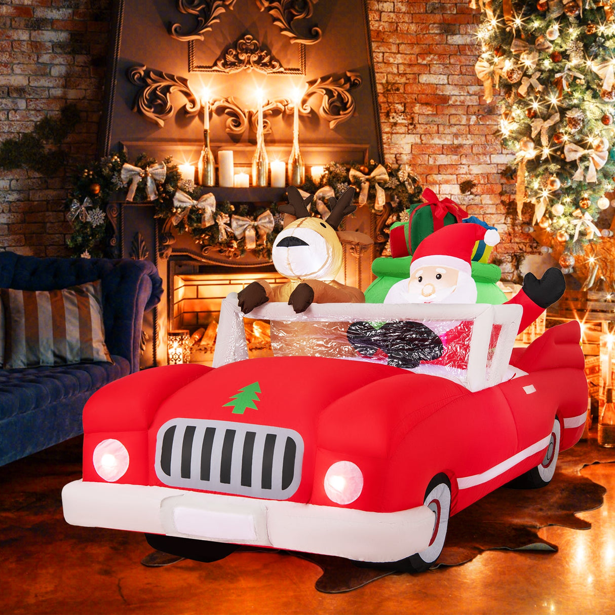 Inflable de Navidad de Papá Noel y Renos en Coche Rojo con Bolsa de Regalo y 9 Luces LED Blancas de 7.7 Pies de Largo