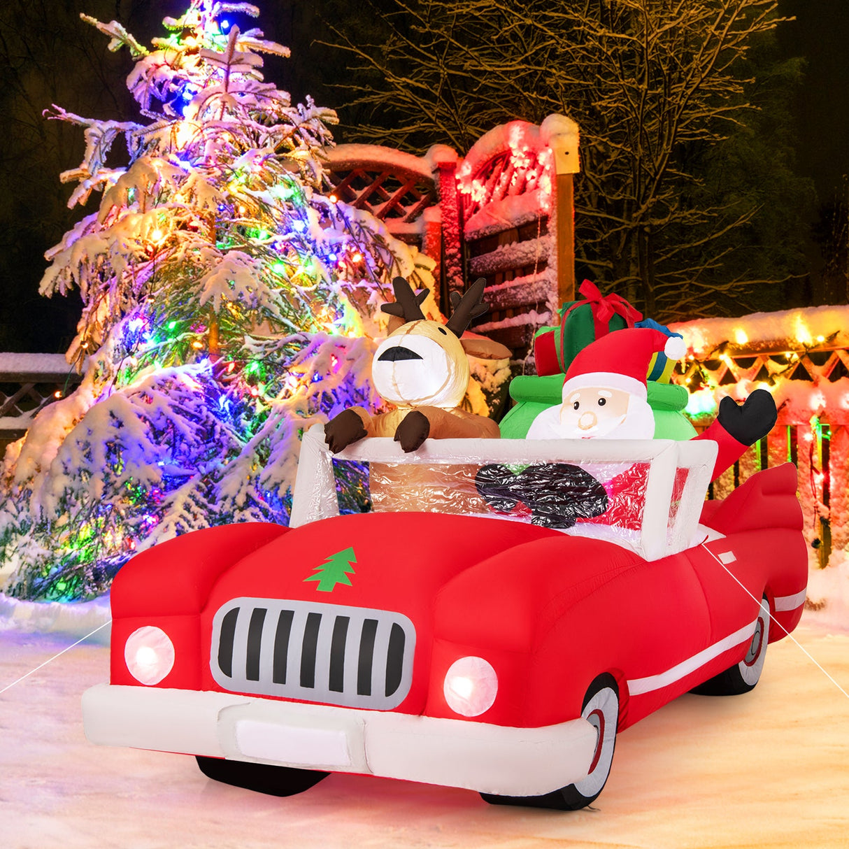 Inflable de Navidad de Papá Noel y Renos en Coche Rojo con Bolsa de Regalo y 9 Luces LED Blancas de 7.7 Pies de Largo