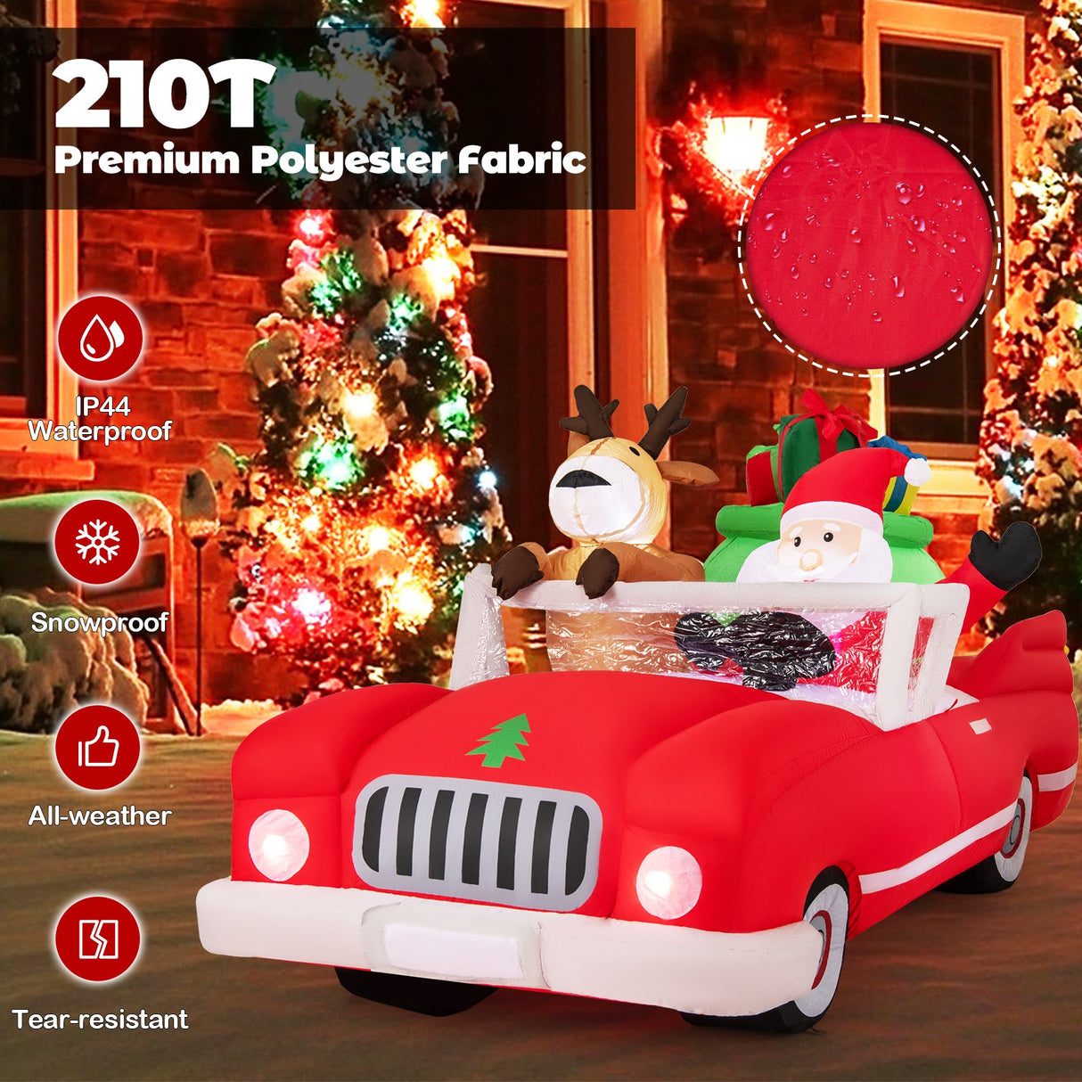 Inflable de Navidad de Papá Noel y Renos en Coche Rojo con Bolsa de Regalo y 9 Luces LED Blancas de 7.7 Pies de Largo