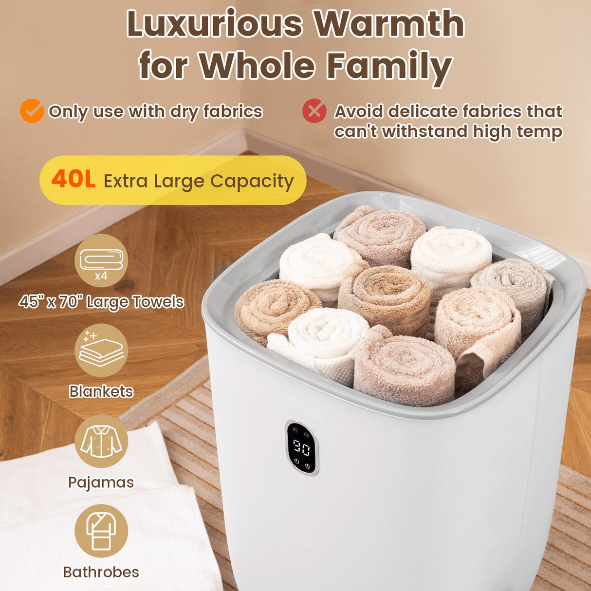 Calentador de Toallas de Lujo de 40L, Cubo de Toallas Calientes con 2 Temperaturas de Calentamiento-Blanco