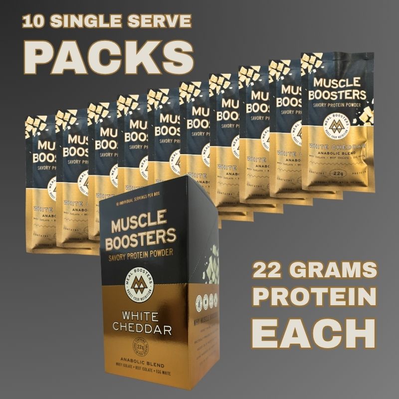 Muscle Boosters Caja Cheddar Blanco - Aislado de proteína de suero orgánico de vacas alimentadas con pasto (10 paquetes individuales)