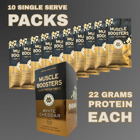 Muscle Boosters Caja Cheddar Blanco - Aislado de proteína de suero orgánico de vacas alimentadas con pasto (10 paquetes individuales)