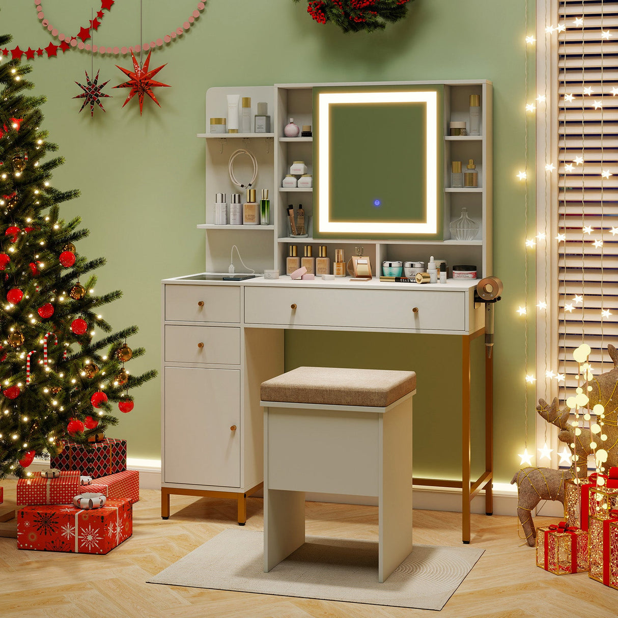 Makeup Dressing Table and Stool set with 3 Lighting Modes and Cabinet-White