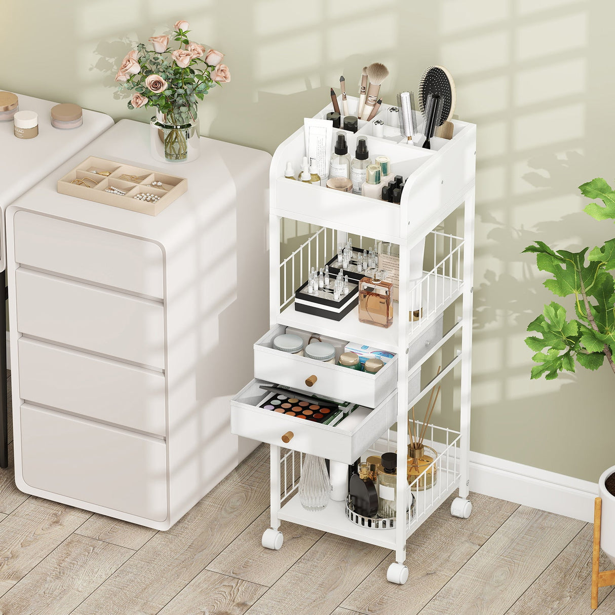 Organizador de maquillaje y cuidado de la piel con cajones y estantes de almacenamiento, para suelo - Blanco
