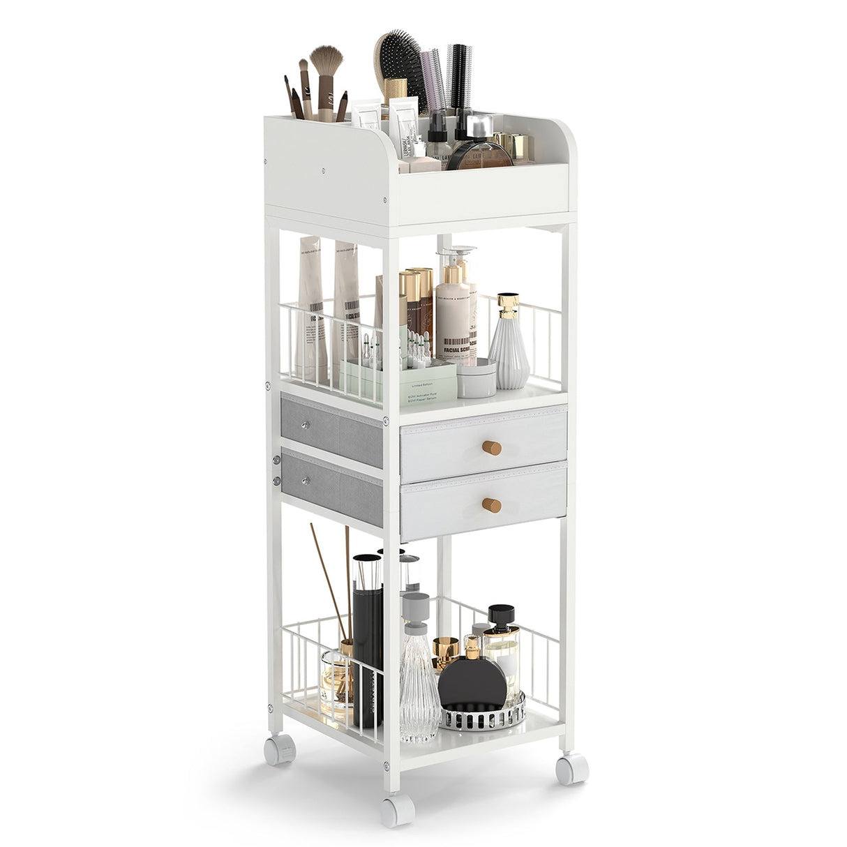 Organizador de maquillaje y cuidado de la piel con cajones y estantes de almacenamiento, para suelo - Blanco