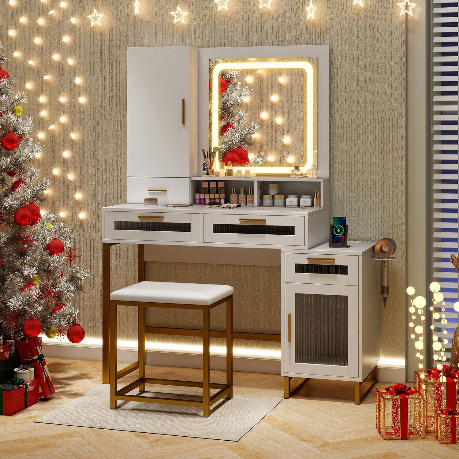 Tocador de maquillaje con espejo iluminado y taburete - Blanco