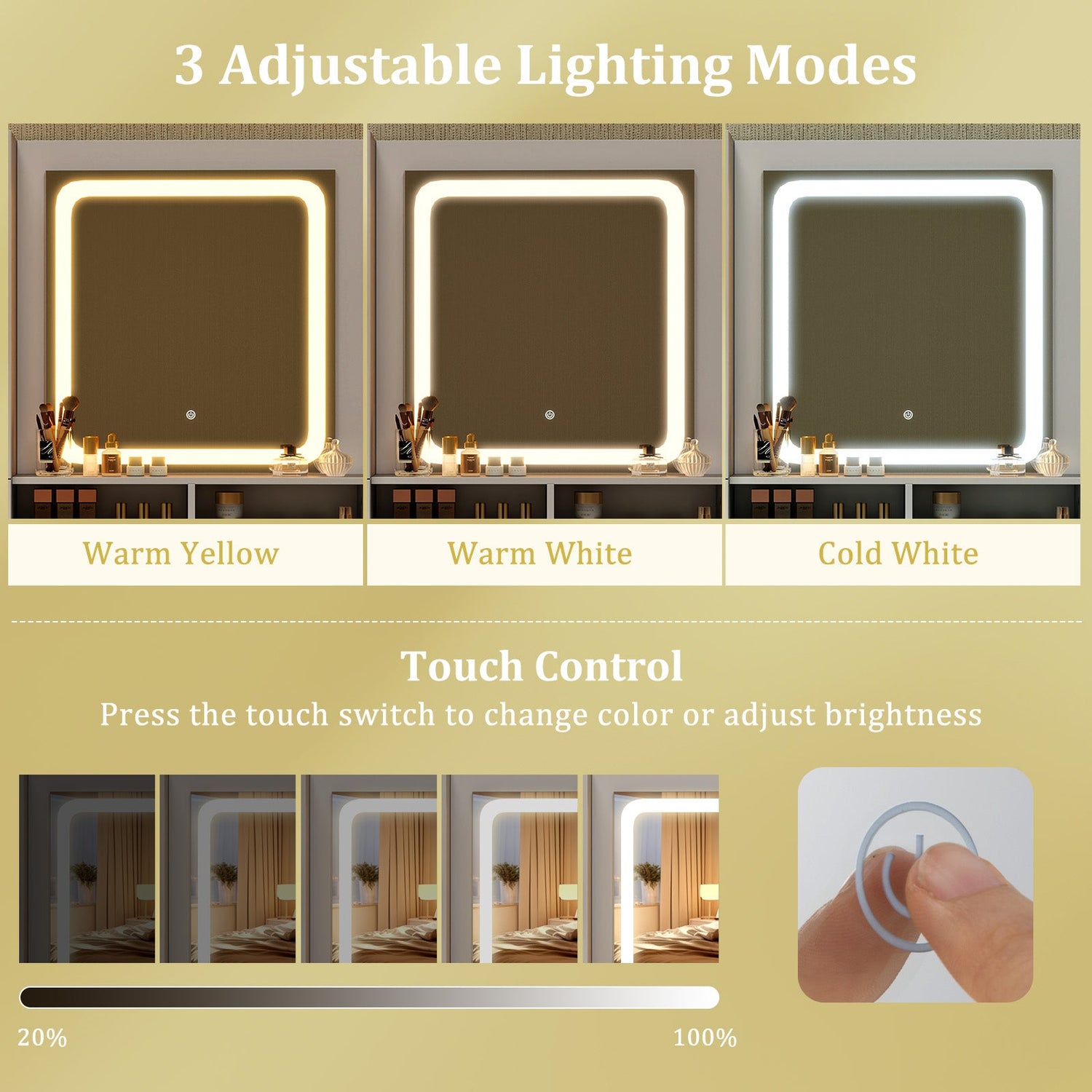 Tocador de maquillaje con espejo iluminado y taburete - Blanco