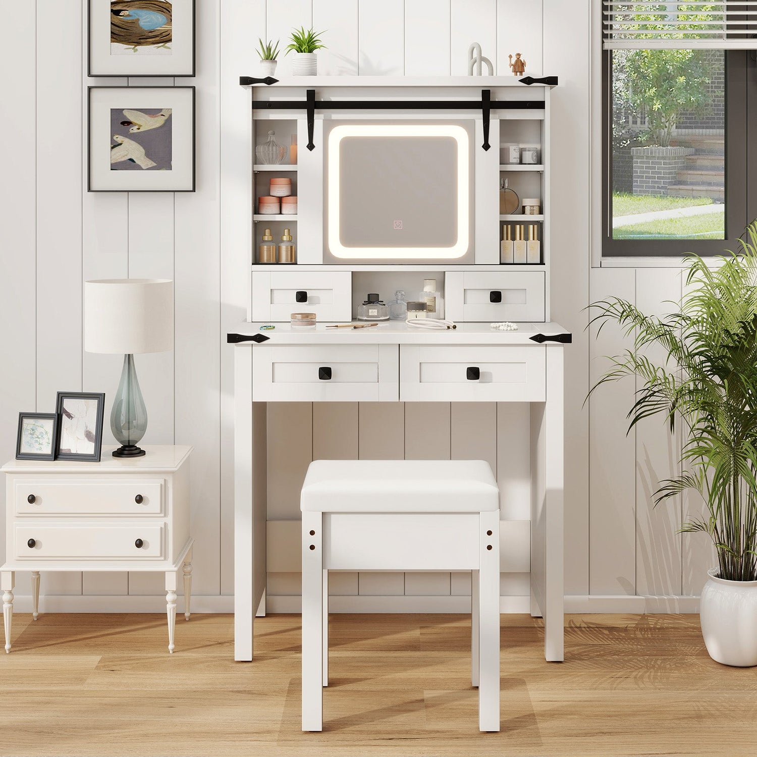 Makeup Vanity Desk with Mirror and Adjustable Storage Shelves-White