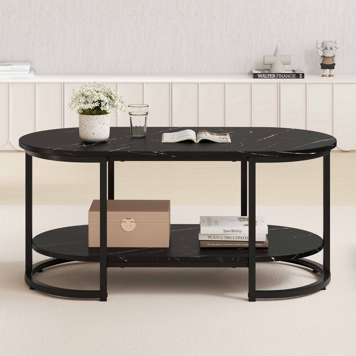 Marble Coffee Table with Open Storage Shelf
