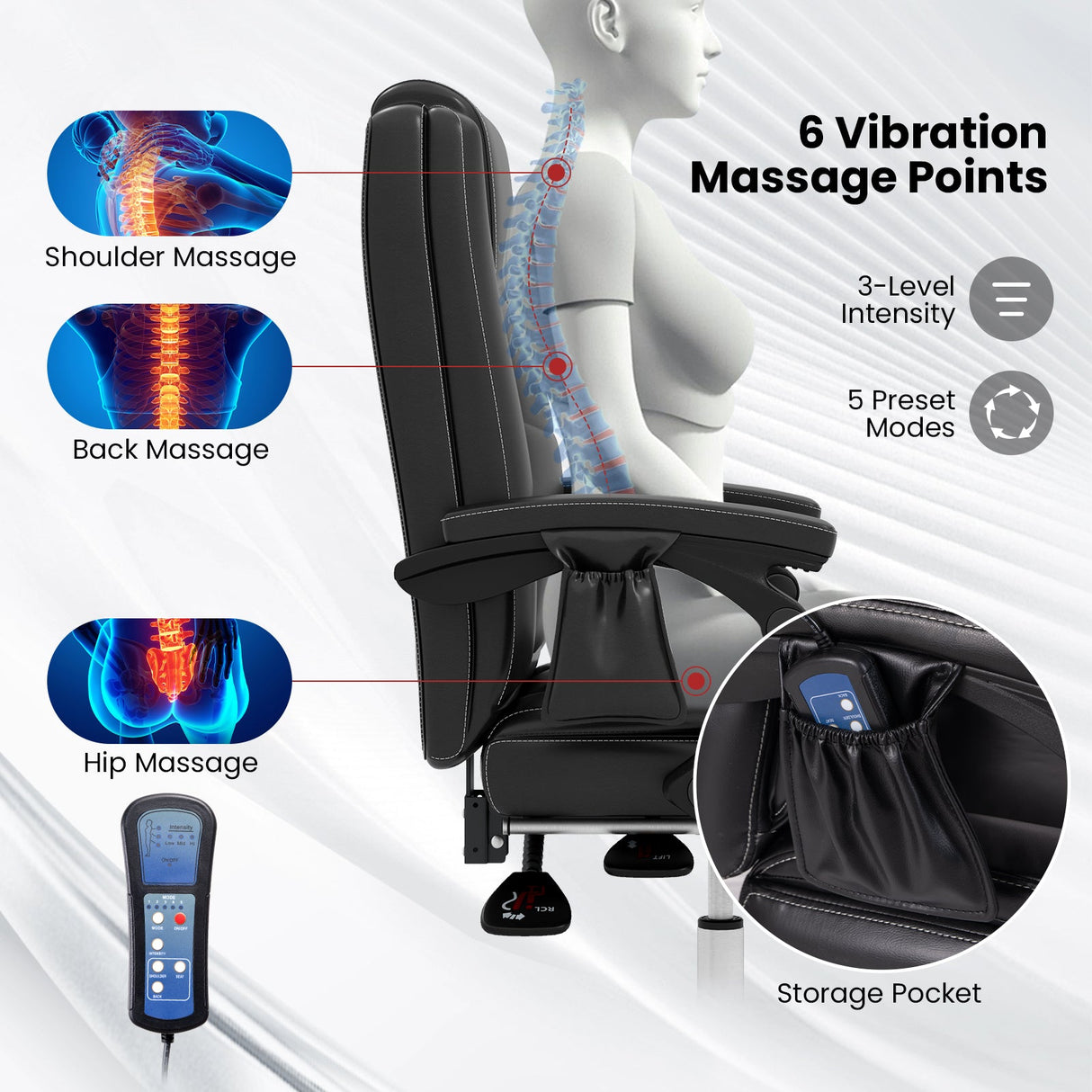 Sillón Ejecutivo Ajustable de Masaje con Reposabrazos y Reposapiés Retráctil-Negro