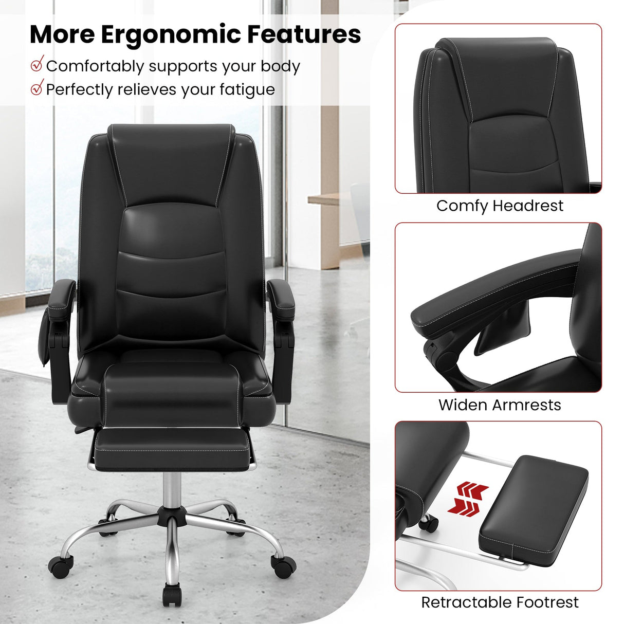 Sillón Ejecutivo Ajustable de Masaje con Reposabrazos y Reposapiés Retráctil-Negro