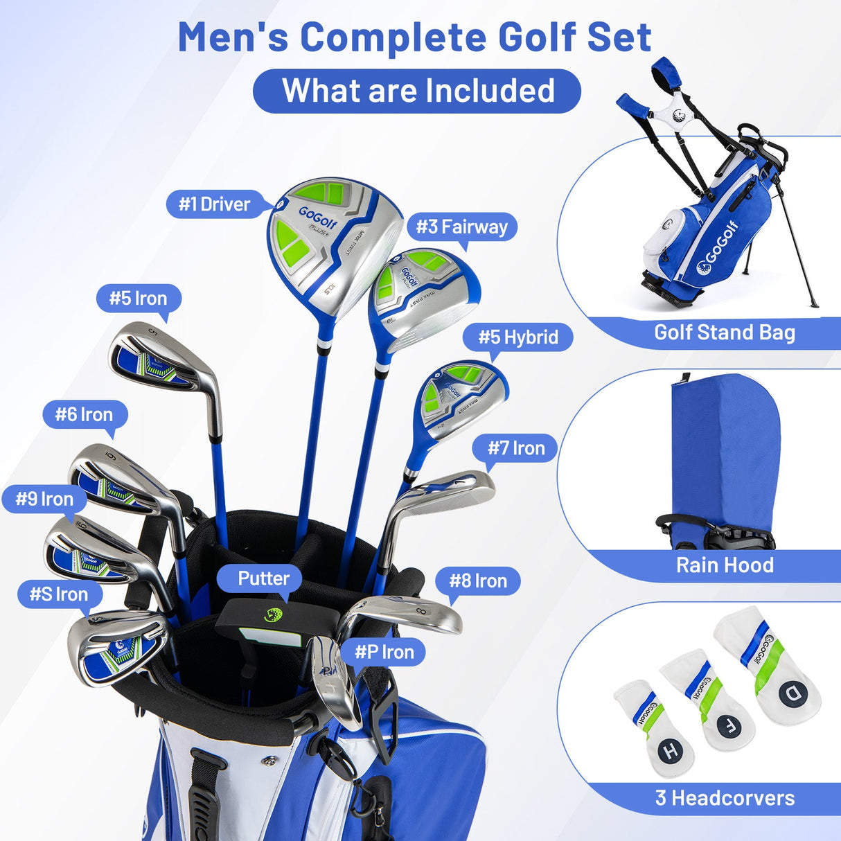 Juego completo de palos de golf y bolsa para hombre con cubiertas para la cabeza y putter - Azul
