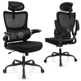 Silla de oficina de malla con soporte lumbar adaptable, reposabrazos abatibles y respaldo reclinable - Negra