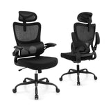 Silla de oficina de malla con soporte lumbar adaptable, reposabrazos abatibles y respaldo reclinable - Negra