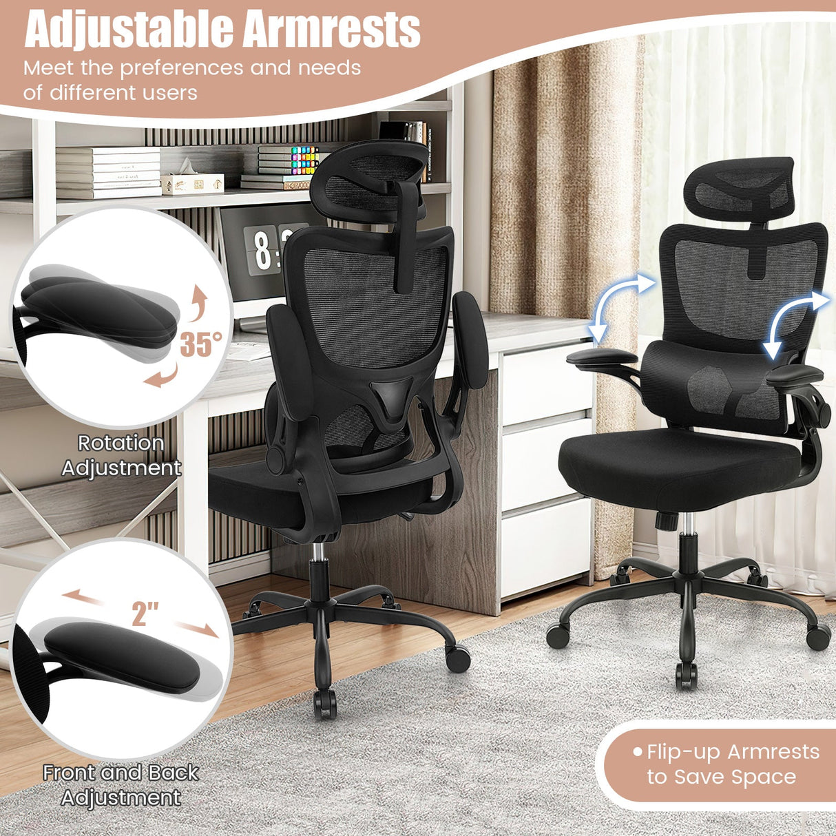 Silla de oficina de malla con soporte lumbar adaptable, reposabrazos abatibles y respaldo reclinable - Negra