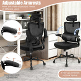 Silla de oficina de malla con soporte lumbar adaptable, reposabrazos abatibles y respaldo reclinable - Negra