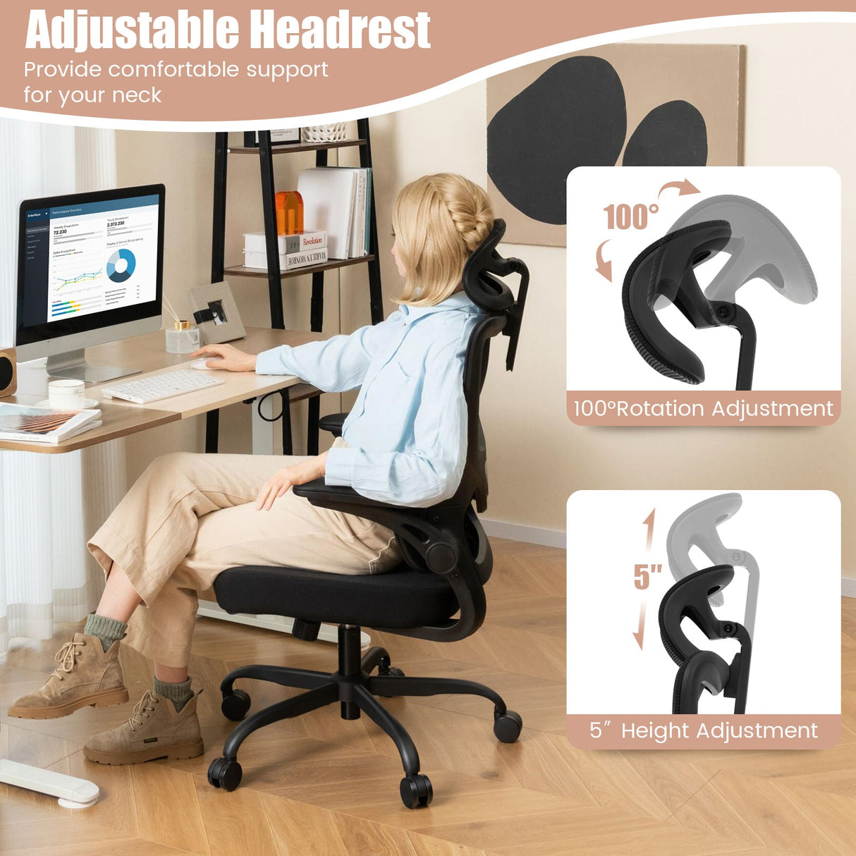 Silla de oficina de malla con soporte lumbar adaptable, reposabrazos abatibles y respaldo reclinable - Negra