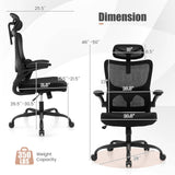 Silla de oficina de malla con soporte lumbar adaptable, reposabrazos abatibles y respaldo reclinable - Negra