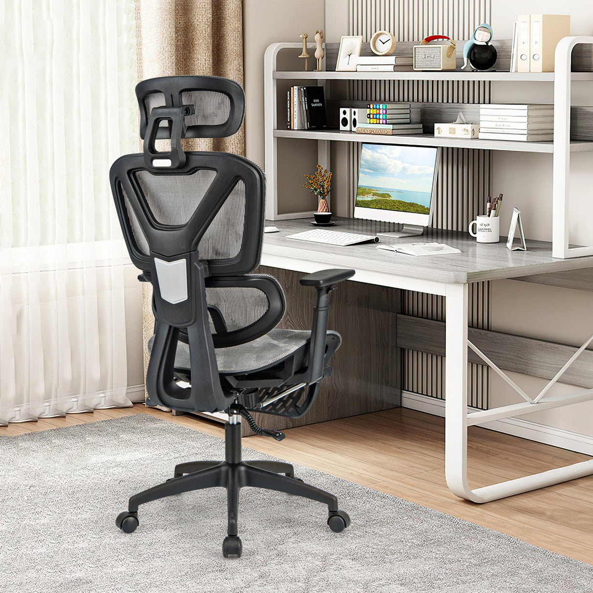 Silla de oficina de malla con respaldo reclinable y reposapiés retráctil - Gris