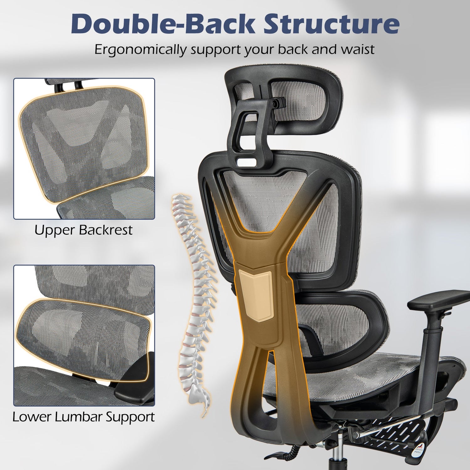 Silla de oficina de malla con respaldo reclinable y reposapiés retráctil - Gris