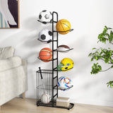 Soporte metálico para balones de baloncesto con 7 varillas colgantes extraíbles y cesta lateral para balones