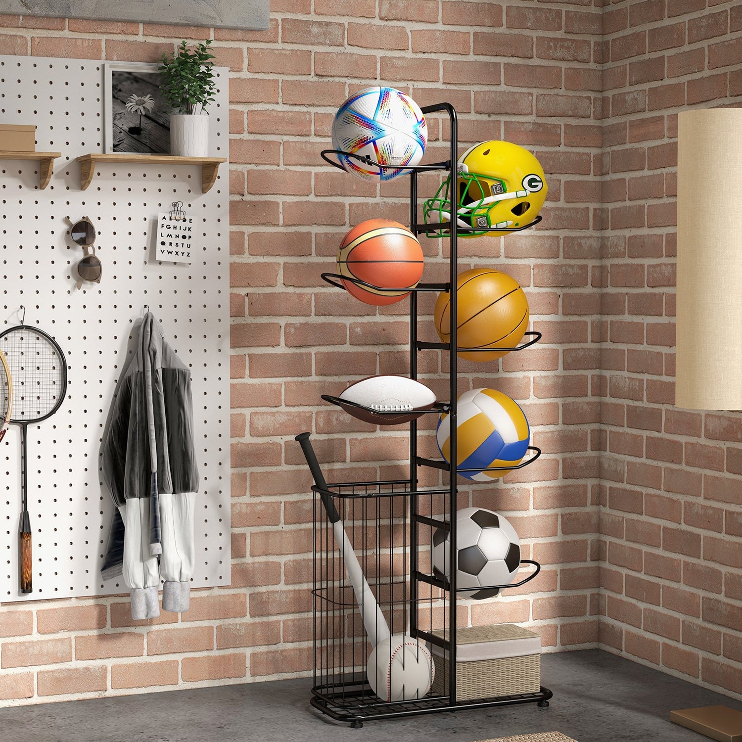 Soporte metálico para balones de baloncesto con 7 varillas colgantes extraíbles y cesta lateral para balones
