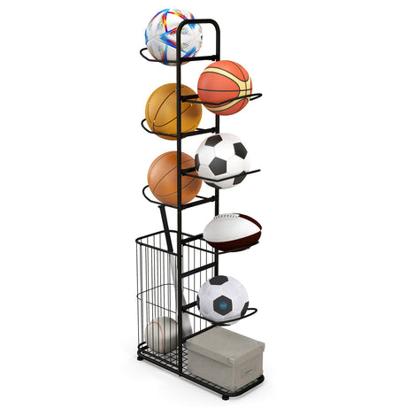Soporte metálico para balones de baloncesto con 7 varillas colgantes extraíbles y cesta lateral para balones