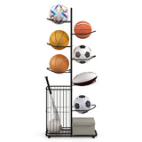 Soporte metálico para balones de baloncesto con 7 varillas colgantes extraíbles y cesta lateral para balones