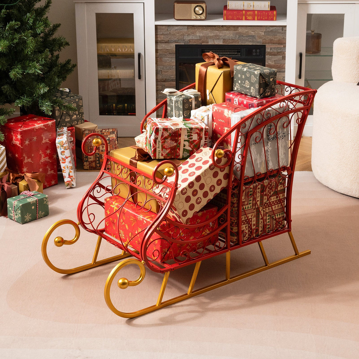 Cesto metálico de Papá Noel para Navidad de 2 niveles, trineo de almacenamiento de regalos de Papá Noel