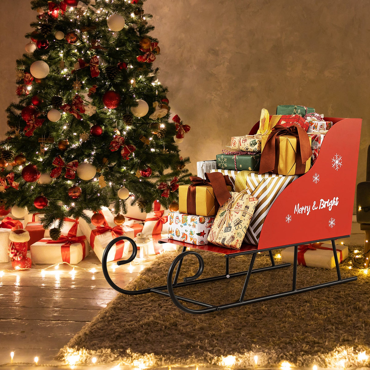 Cesta de trineo de Papá Noel de metal para Navidad, trineo de Papá Noel para guardar regalos de Navidad