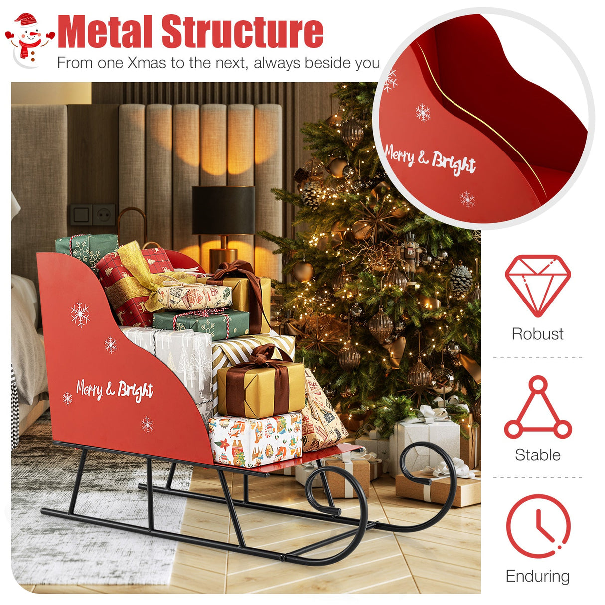 Cesta de trineo de Papá Noel de metal para Navidad, trineo de Papá Noel para guardar regalos de Navidad