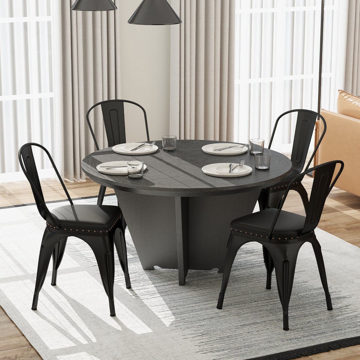 Juego de 4 sillas de comedor metálicas apilables con respaldo extraíble y asiento acolchado de cuero sintético - Negro