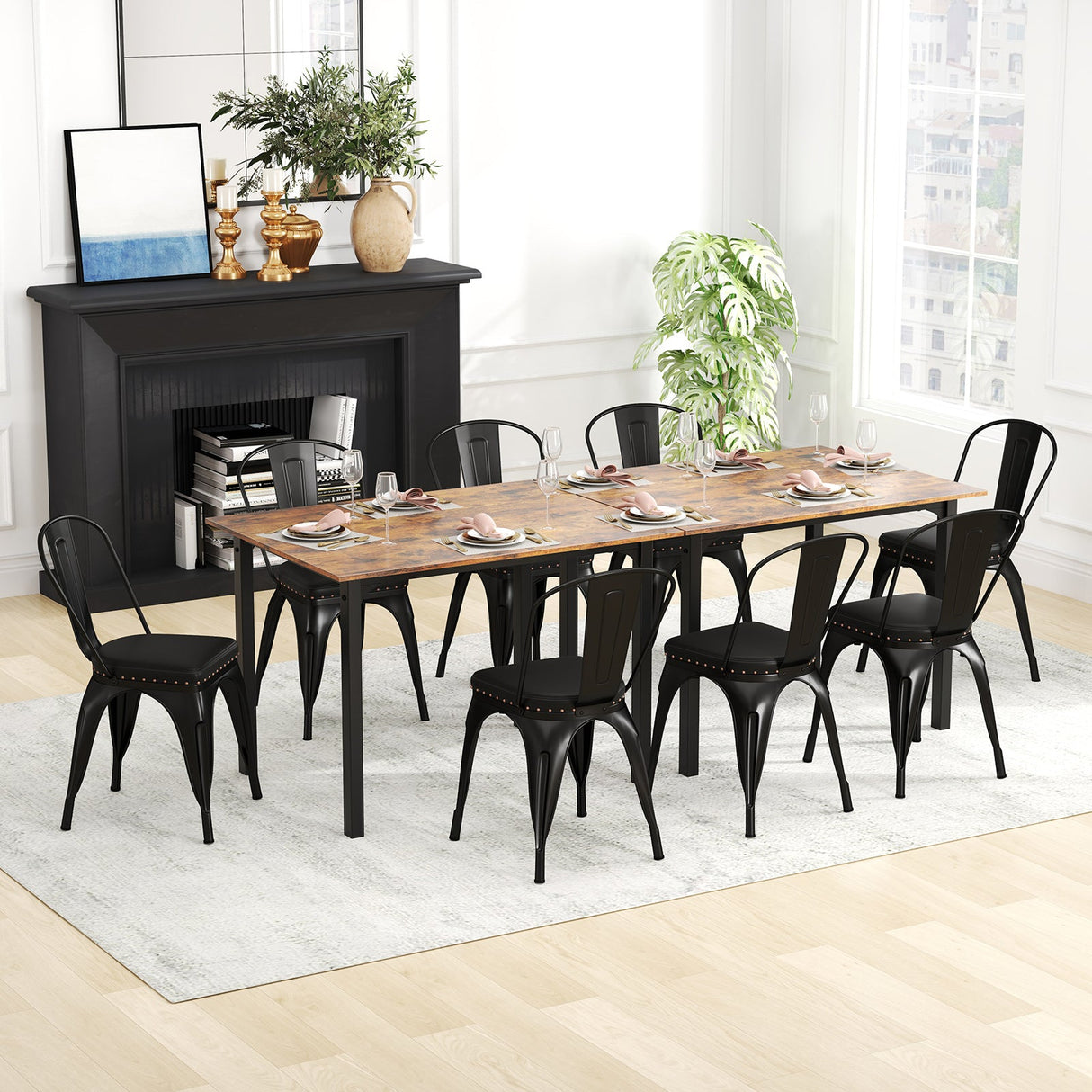 Juego de 4 sillas de comedor metálicas apilables con respaldo extraíble y asiento acolchado de cuero sintético - Negro