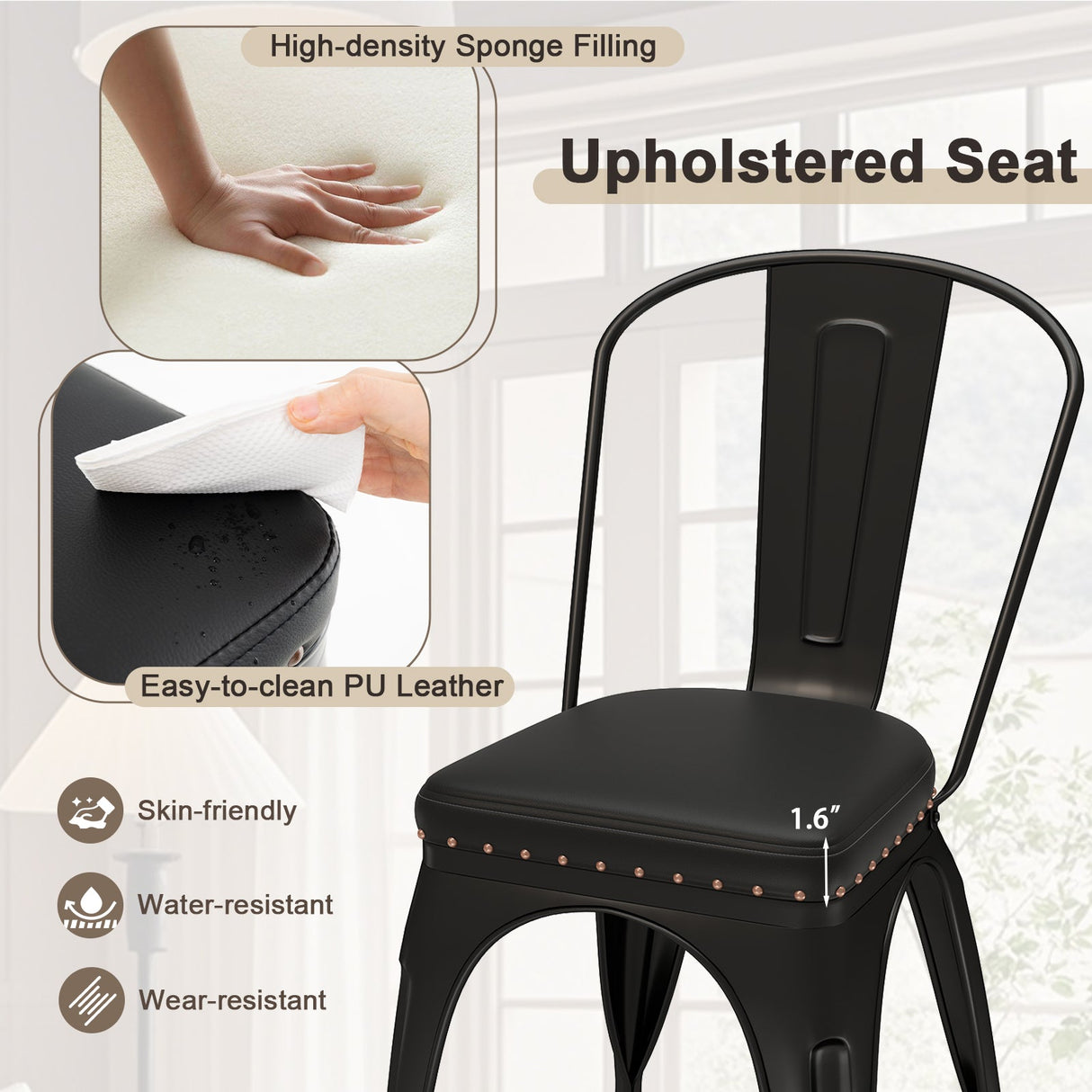 Juego de 4 sillas de comedor metálicas apilables con respaldo extraíble y asiento acolchado de cuero sintético - Negro