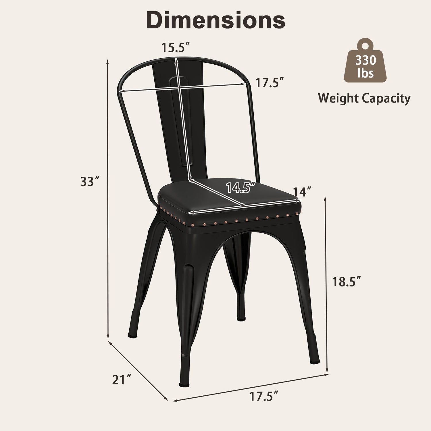 Juego de 4 sillas de comedor metálicas apilables con respaldo extraíble y asiento acolchado de cuero sintético - Negro