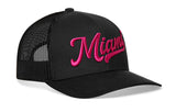 Miami Hot Pink Script Trucker Hat  |  Florida Snapback