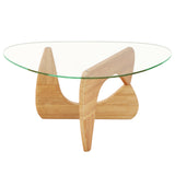 Mesa de centro triangular con tapa de cristal templado y base ajustable de madera de caucho